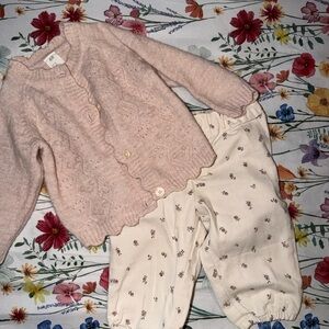 H&M Blush Cardigan and Ivory Floral Pants Set
